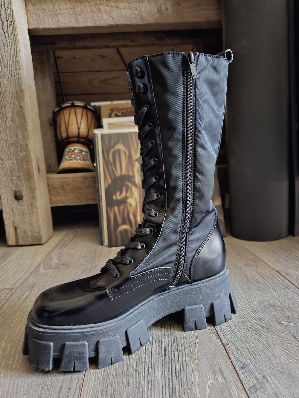 Marc Fisher Women's Black Leather Hayes Lug Sole Chunky Combat Boots Prada Dupe